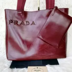 PRADA トートバッグ ポーチ付 型抜きロゴ レザー ボルドー ユニセックス