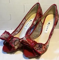 極美品✨DIANA 絵画フラワーレース リボンパンプス 赤21.5㎝