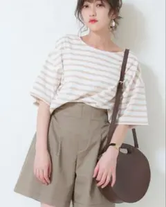 dearful ぷちあや コラボ ストライプ 半袖 Tシャツ ベージュ L