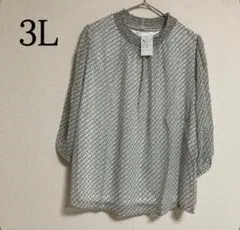 七分袖 シフォン ブラウス シャーリング 3L トップス 総柄 幾何学模様 白系