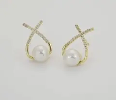 パールピアス キラキラ CZダイヤ クロス 上品 春夏コーデ ゴールド