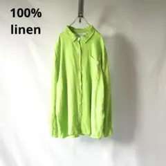 USA製　ライムグリーン　100%リネン　大きめサイズ　シャツ 古着　linen