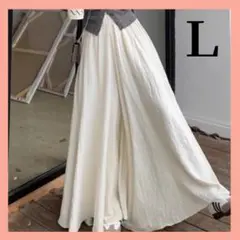 【人気商品】ホワイト ワイドパンツ Lサイズ シフォン フレアパンツ 着痩せ