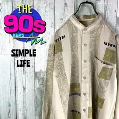 90's OLD RENOWN レナウン 幾何学模様　アート柄ノーカラーシャツ