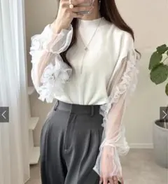 グレイル GRL シアーチュールフリルスリーブニットトップス【F】美品✨