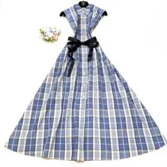 ★極美品　ローラアシュレイ　ロングシャツワンピース❤︎チェック　貝ボタン　M L