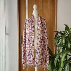 花柄フリンジ付きストール ピンク系 横約2m 縦約52cm