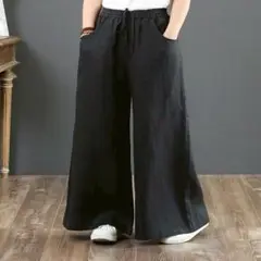 ワイド パンツ ハイウエスト ストレッチ 体型カバー 麻 軽量 清涼 ブラック