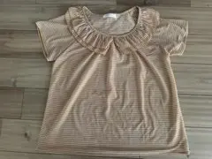 grove●フリル襟半袖トップス●オレンジ✖️白ストライプ●シフォン●M