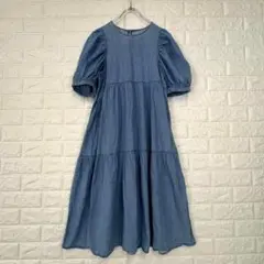 ☆【ジーユー】S 青　ロング ティアードワンピース フレア 春夏 デニム