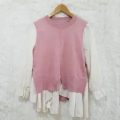 ドネモア トップス　ピンク×白ドッキングトップス Lサイズ