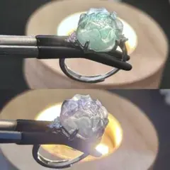 天然石　ブルーフローライト　リング　牡丹彫刻　フリーサイズ　特価　訳アリ