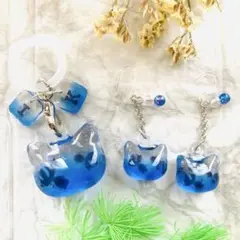 【セット割】ネコ　金魚　夏　青×黒金魚　ピアス　キーホルダー