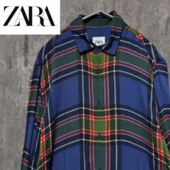 【美品】ZARA ザラ メンズ 総柄シャツ 長袖 チェック レーヨン ゆるだぼ