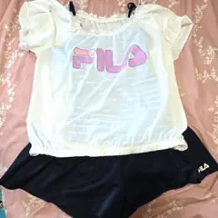 FILA 水着セット ホワイトTシャツ 青ストライプタンク 黒ショートパンツ