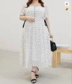 花柄サイドリボンワンピース ホワイト　４L