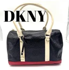DKNY カジュアルハンドバッグ ボストンバッグ 黒×赤 シボ皮レザー