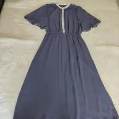 NOWNOW 半袖 くすみブルー ロングワンピース パールボタン Ｌ