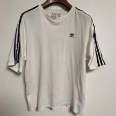 adidas アディダス ホワイト ストライプ 3本ラインTシャツ L
