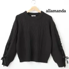 allamanda アラマンダ　袖レースアップケーブルニット　ブラック　ベロア