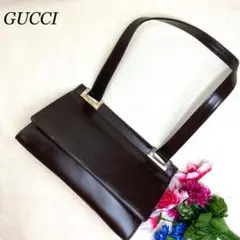 良品✨グッチ ワンショルダーバッグ フラップ ロゴ刻印 シルバー金具 ブラウン