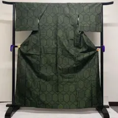 紬　六角　華紋　グリーンカラー　小紋　着物　101t