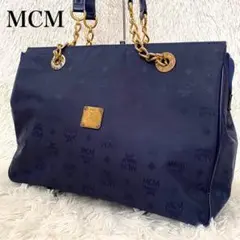 MCM ナイロン ロゴ総柄 レザーハンドル チェーントート 肩掛け可