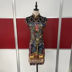 チャイナドレス 多彩なプリント レース付きサイズL/XL