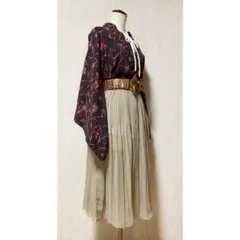 展示品　◇着物リメイク◇  ドッキングワンピース　リーフ柄　ベルト付き