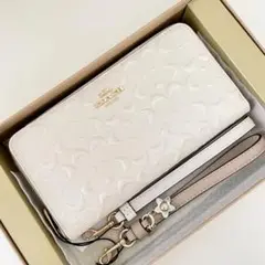 COACH コーチ 箱付き ストラップ付き 長財布 シグネチャーエンボスホワイト