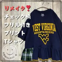 リメイク❣チェック柄フリル付きプリントTシャツ半袖 ネイビー【古着】