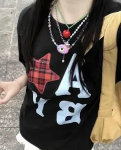 星と文字プリント 平成 Y2K グランジ Tシャツ d.i.a 系 ダークコア