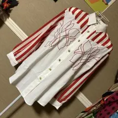 レトロ古着 ストライプ＆刺繍✧ 長袖ブラウス ヴィンテージ 古着 赤白