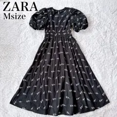 ZARA ザラ エンブロイダリーポプリンワンピース パフスリーブ 花刺繍 M 黒