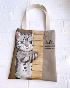 ハンドメイド 少し台形のぺたんこバッグ ひょっこりねこ ③ KOKKA
