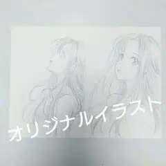 オリジナルイラスト2点セット原画鉛筆&シャーペンモノクロ女性女の子 鉛筆画はがき