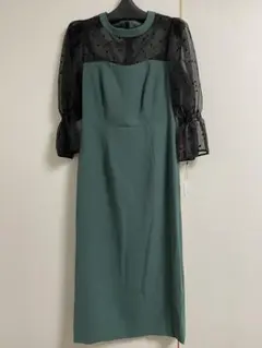 定価3.3万円　FENNELグリーン ドット柄 シースルー袖 ドレス 9号