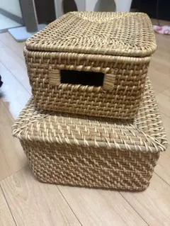 無印良品重なるラタン長方形バスケット中+ミニ(廃盤品)、蓋付2個セット
