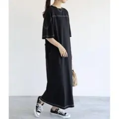 and Me 配色ステッチオーバーサイズ半袖Tシャツワンピース　ブラック