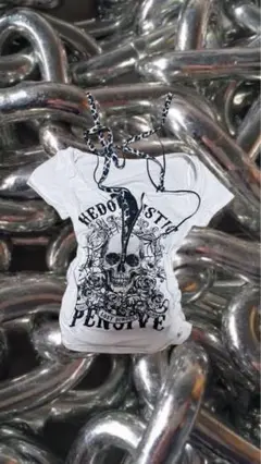 スカルプリント ホワイトオフショルダー Tシャツ