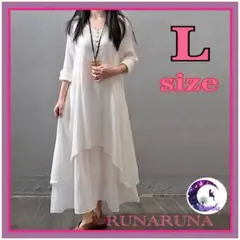 L 白 Vネック Aライン ワンピースロング丈 リネン 裾不揃い p