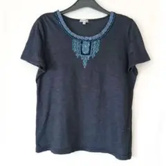 Tシャツ 半袖 麻100％ リネン カットソー スパンコール付き 刺繍