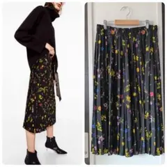 ZARA TRF 総ゴムフラワープリントプリーツフレアスカート