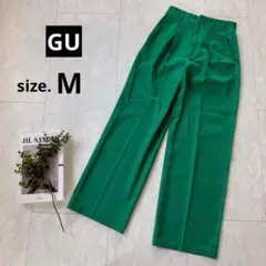 【GU・ジーユー】カラースラックス(丈標準)ウエストゴム・タック◇グリーン【M】