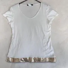 （日本製）アルドリッチジェンヌ　半袖スパンコール付きTシャツ【38】オフホワイト