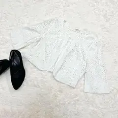 ハーモニカ✨カットワークエンブロイダリーボレロ【Ｍ】5分袖　刺繍　フレア袖　白