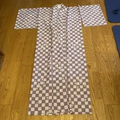 紫色と白のチェック柄 着物　夏用