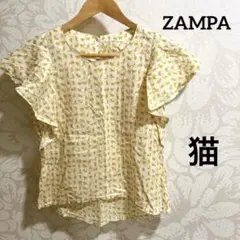 日本製 ZAMPA 猫柄 イエロー 黄色 トップス レディース M