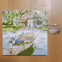 【完成品】アートパネル 油絵　舟　湖　小屋　インテリア　壁掛け　金具付き