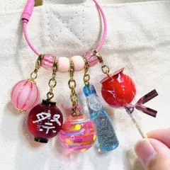 22 お祭りにぎやかジャラジャラキーホルダー　瓶ラムネと提灯